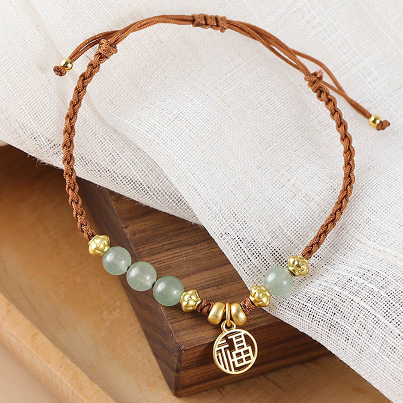 Wear FengShui Jade Beads Fu Character Blessing Rope Bracelet