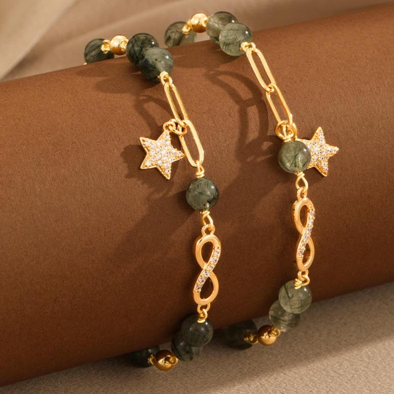 Wear FengShui 14k Gold Plated Copper Green Rutilated Quartz Möbius Loop Eternal Love Star Protection Bracelet