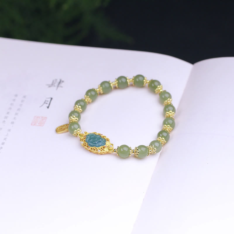 Wear FengShui 925 Sterling Silver Plated 14K Gold Hetian Jade Lotus Luck Bracelet