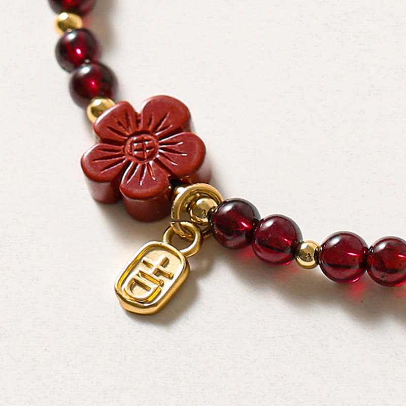 Wear FengShui 14K Gold Plated Natural Garnet Cinnabar Flower Calm Bracelet