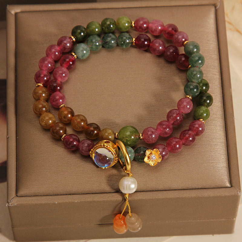 Wear FengShui Multicolored Tourmaline Positive Double Wrap Gourd Charm Bracelet