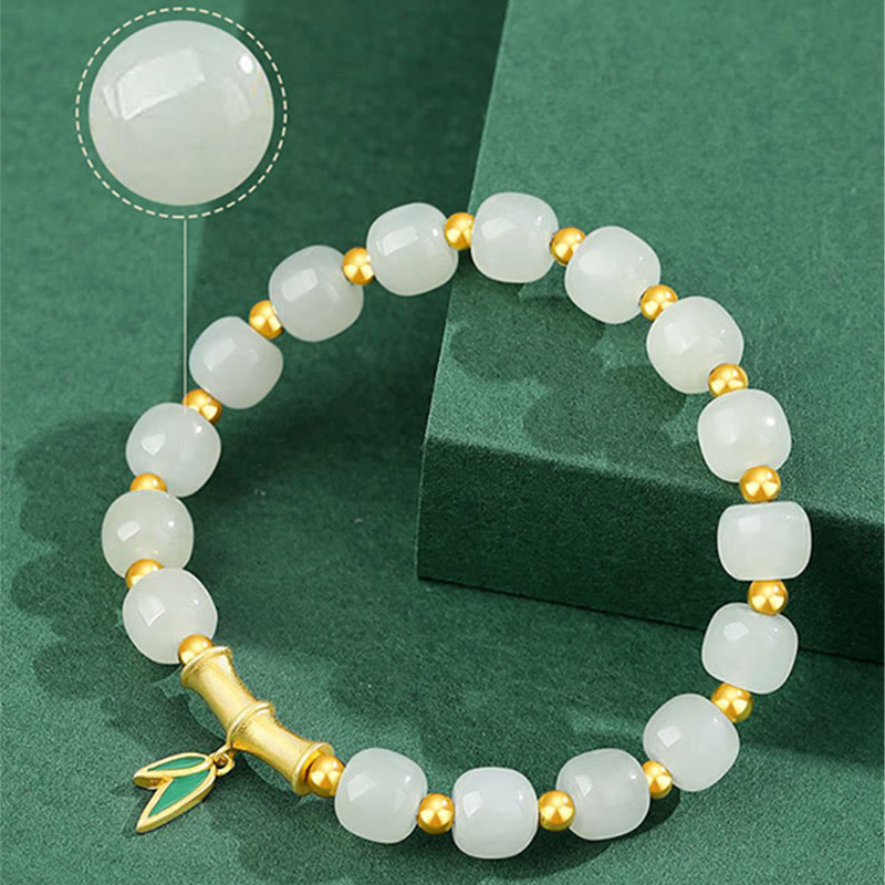 Wear FengShui 925 Sterling Silver Hetian White Jade Bamboo Luck Bracelet