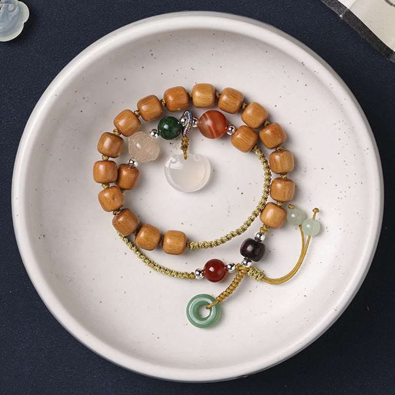 Wear FengShui Green Sandalwood Chalcedony Peace Buckle Charm Soothing Double Wrap Bracelet