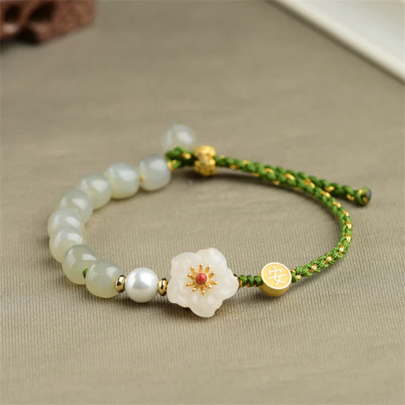 Wear FengShui 925 Sterling Silver Natural Hetian Jade Peach Blossom Luck Bracelet