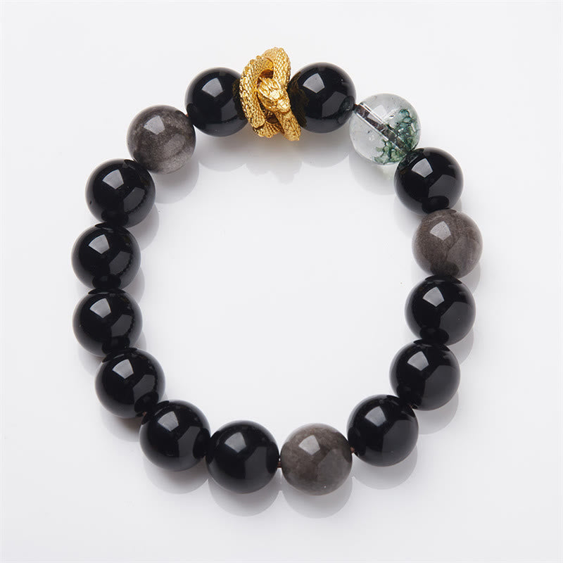 Wear FengShui Natural Silver Sheen Obsidian Dragon Green Phantom Protection Bracelet