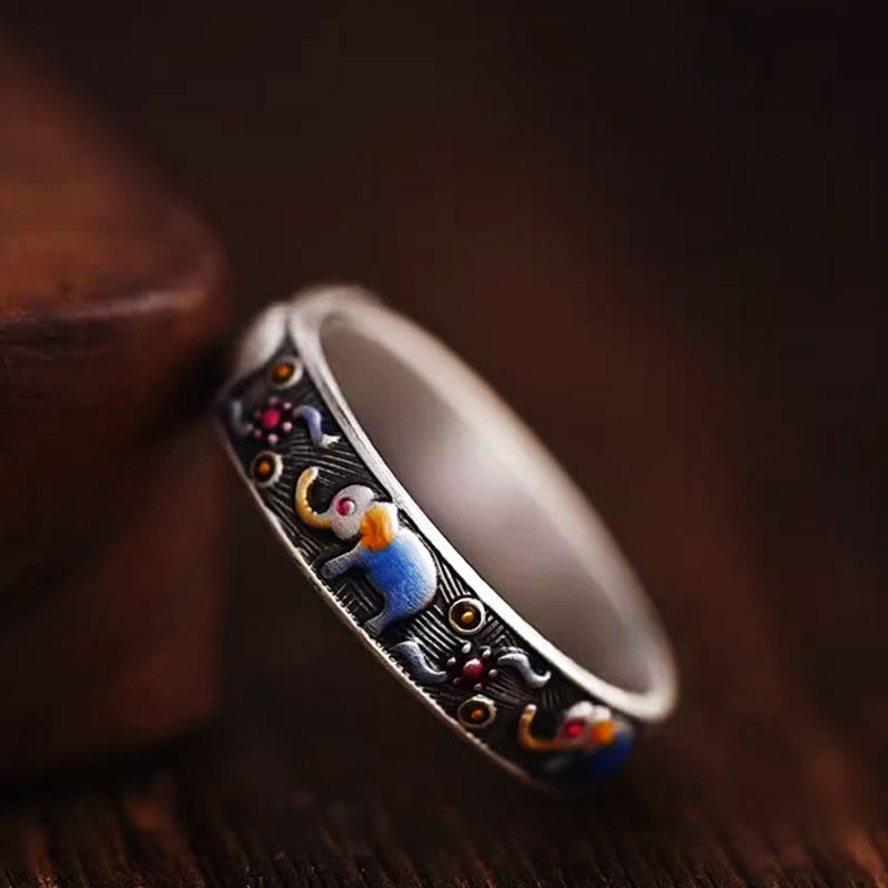 Wear FengShui Colorful Elephant Carved Strength Adjustable Ring