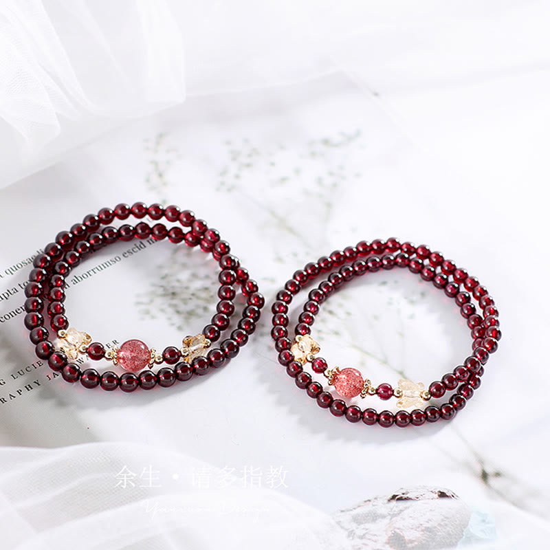 Wear FengShui 14K Gold Plated Natural Garnet Strawberry Quartz Butterfly Protection Double Wrap Bracelet