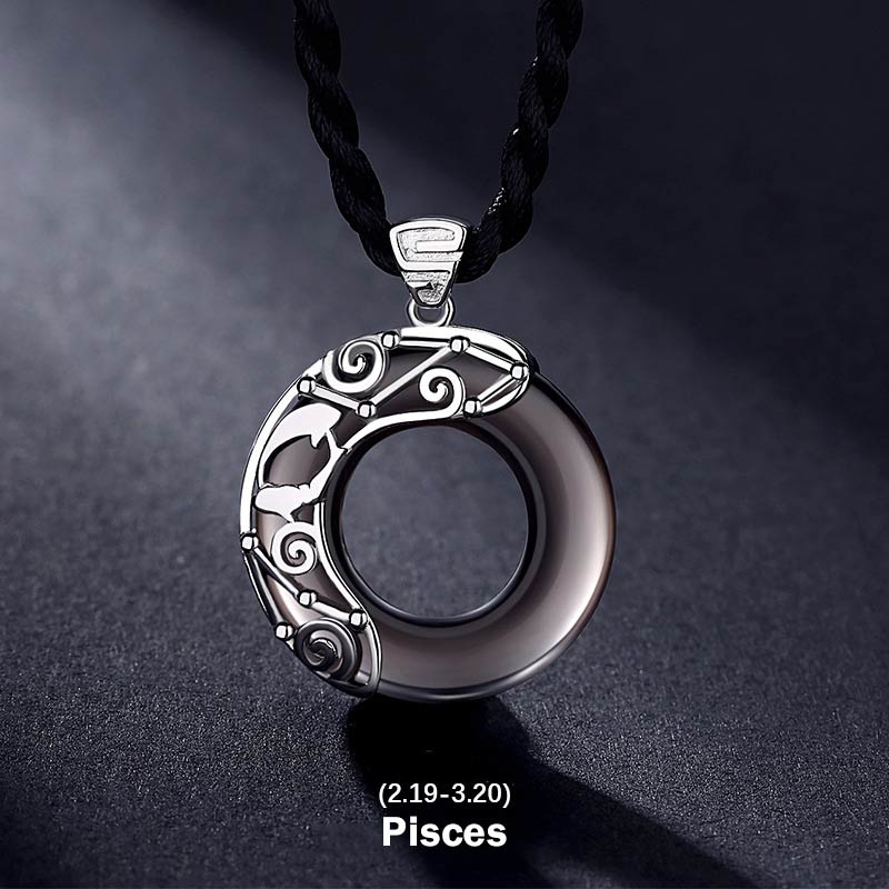 Wear FengShui 12 Constellations of the Zodiac Ice Obsidian Blessing Round Pendant Necklace