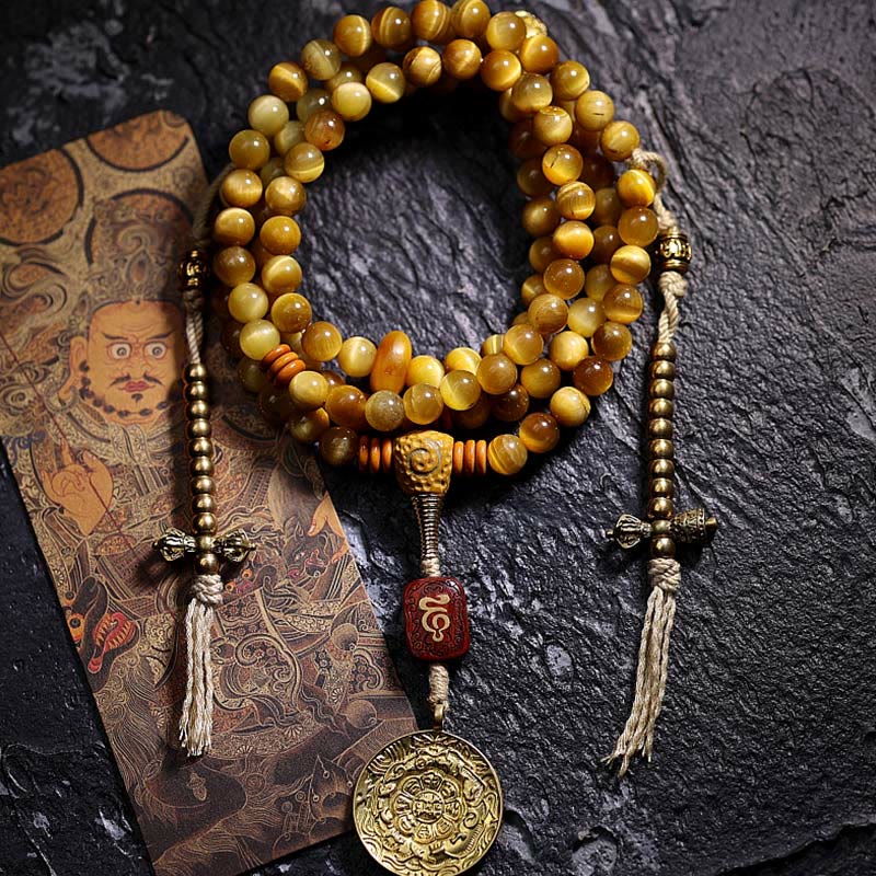 Wear FengShui 108 Mala Beads Natural Tiger Eye Copper Dorje Protection Tassel Bracelet