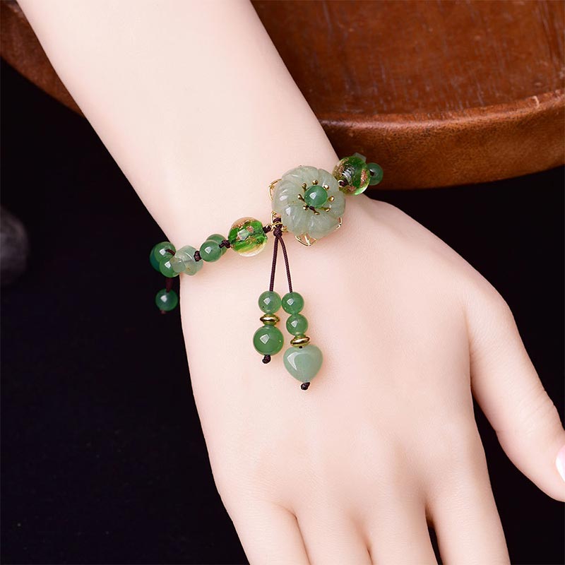 Wear FengShui Natural Green Jade Luck Dangling Flower Bracelet