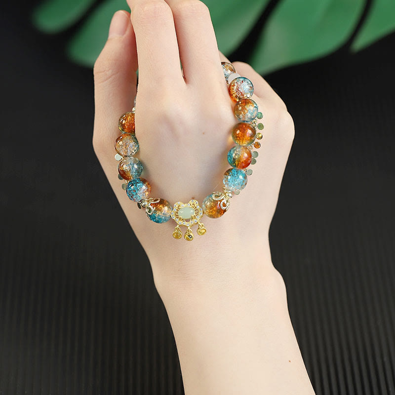 Wear FengShui Colorful Liuli Glass Bead Chinese Lock Charm Fortune Bracelet