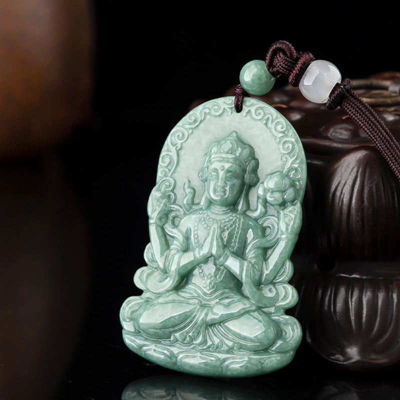 Wear FengShui Four-armed Avalokitesvara Natural Jade Amulet Blessing String Necklace