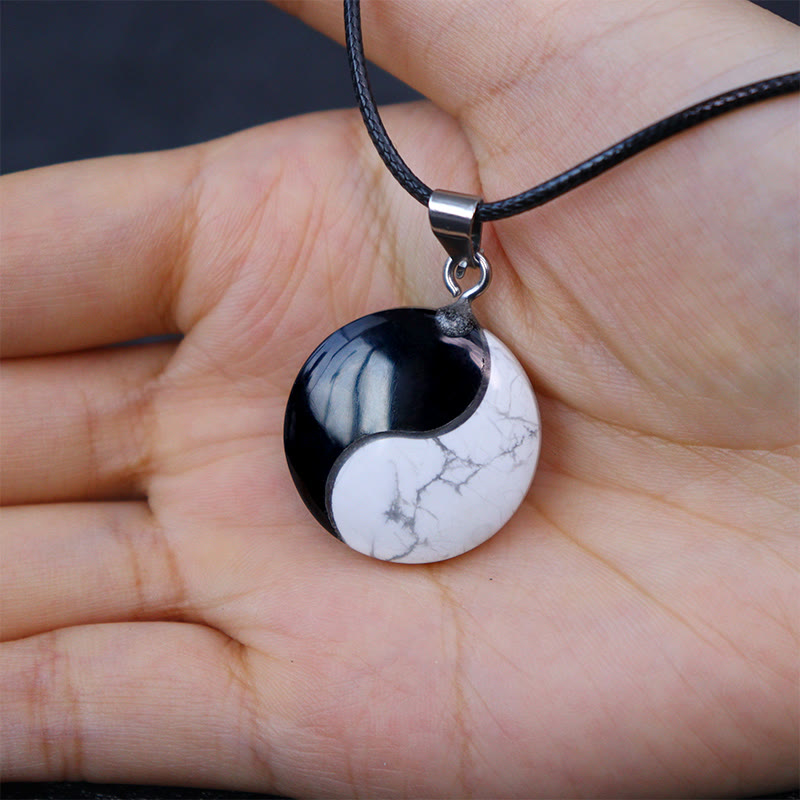 Wear FengShui Natural Black Obsidian White Turquoise Yin Yang Transformation Rope Necklace Pendant