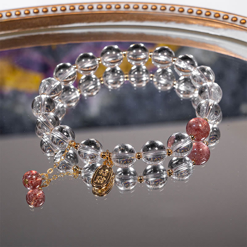 Wear FengShui White Crystal Strawberry Quartz Healing Attract Fortune Charm Bracelet