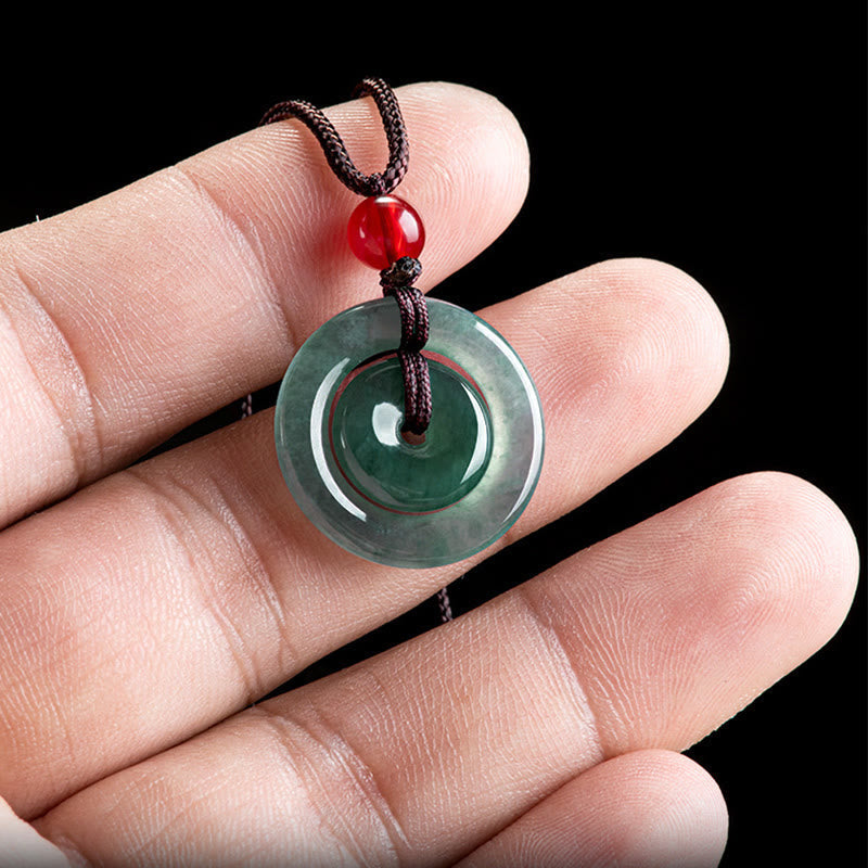 Wear FengShui Green Jade Double Peace Buckle Abundance Necklace Pendant