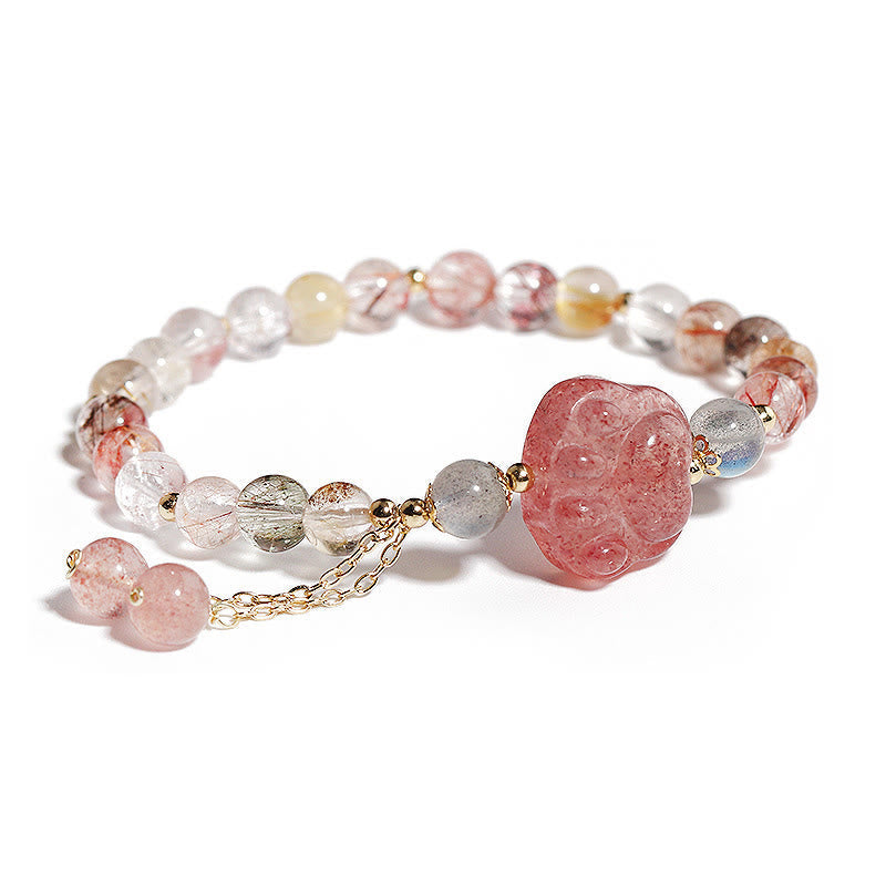 Wear FengShui Natural Strawberry Quartz Cat Paw Claw Colorful Rutilated Quartz Moonstone Love Bracelet