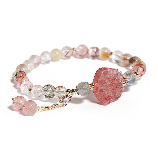 Wear FengShui Natural Strawberry Quartz Cat Paw Claw Colorful Rutilated Quartz Moonstone Love Bracelet