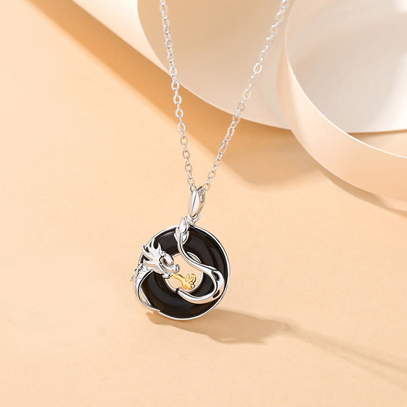Wear FengShui 925 Sterling Silver Year of the Dragon Natural Black Onyx Chalcedony Dragon Phoenix Peace Buckle Protection Necklace Pendant