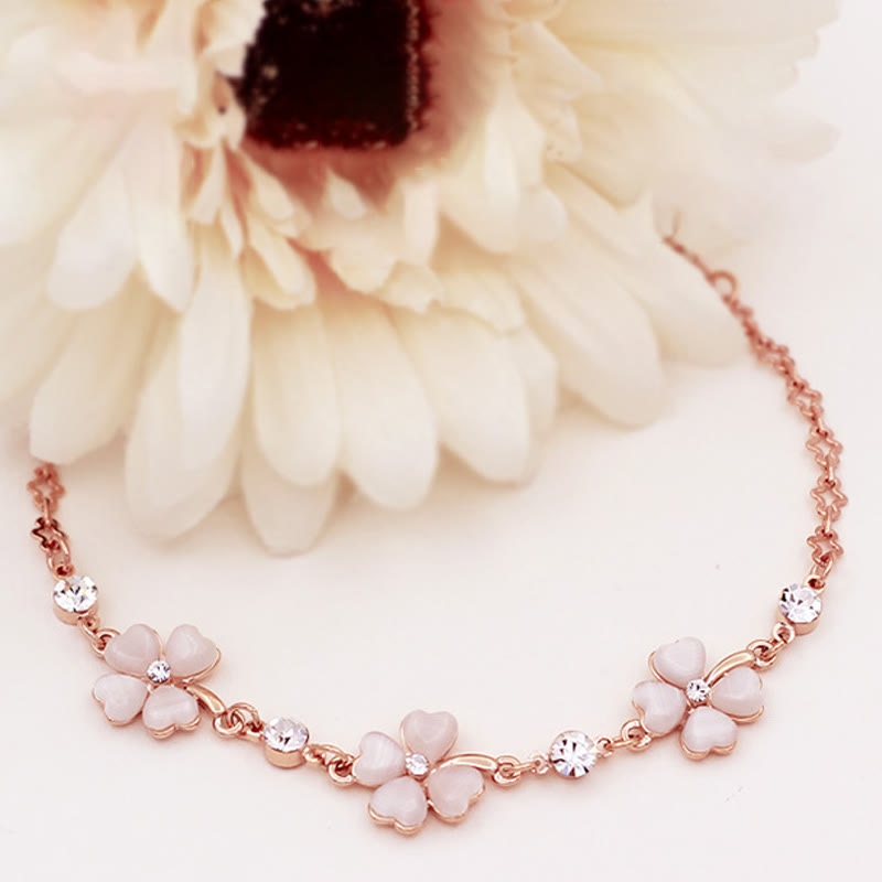 Wear FengShui Pink Crystal Four Leaf Clover Love Chain Bracelet