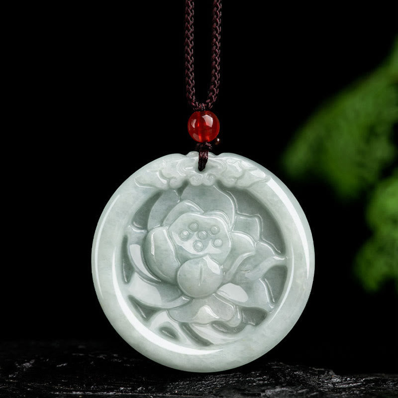 Wear FengShui Natural Jade Lotus Flower Carved Prosperity Necklace Pendant