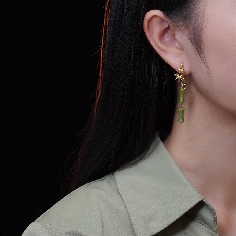 Wear FengShui 925 Sterling Silver Posts Copper Plated Gold Natural Peridot Bamboo Leaf Drop Earrings