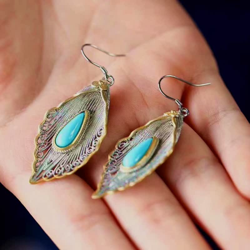 Wear FengShui 925 Sterling Silver Turquoise Bodhi Leaf Pattern Protection Drop Dangle Earrings