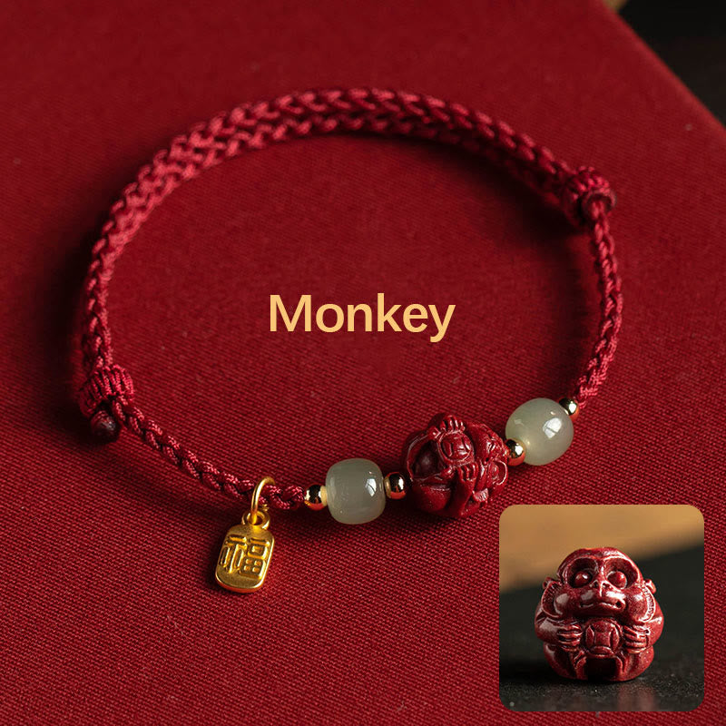 Wear FengShui Natural Cinnabar Chinese Zodiac Hetian Jade Fu Character Luck Rope Bracelet