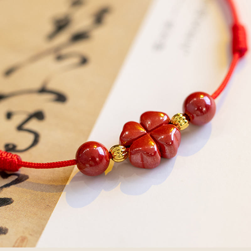 Wear FengShui Four Leaf Clover Cinnabar Blessing Calm String Bracelet Anklet