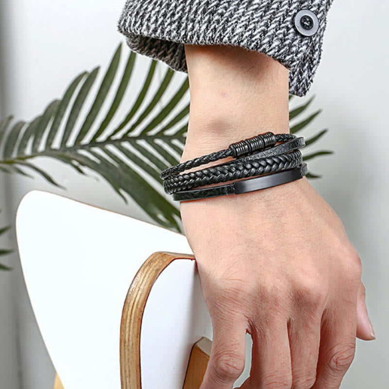 Wear FengShui Leather Multi-Layer Titanium Steel Balance Braided Magnetic Buckle Bracelet