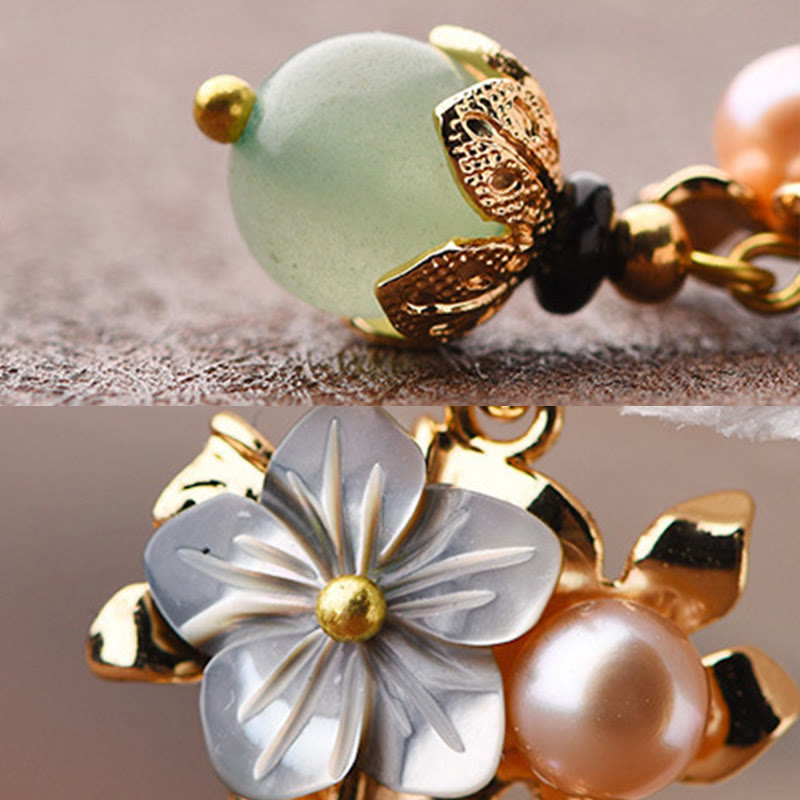 Wear FengShui 14K Gold Plated Tridacna Stone Flower Pearl Green Aventurine Bead Drop Earrings
