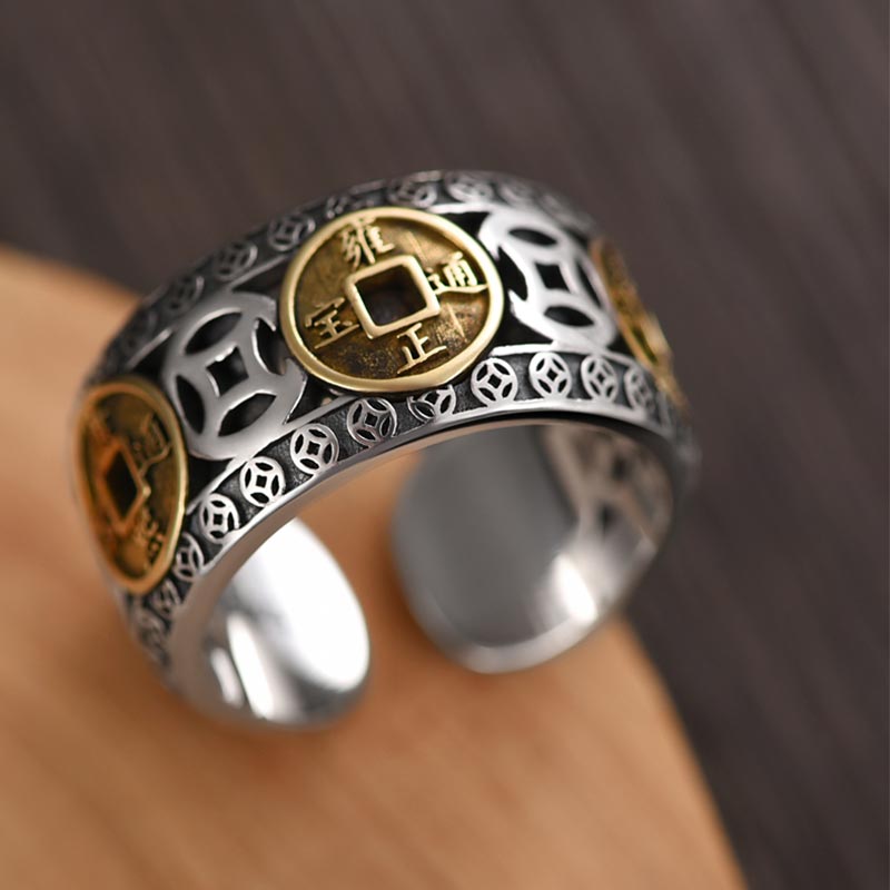 Wear FengShui Five-Emperor Coins Balance Adjustable Ring
