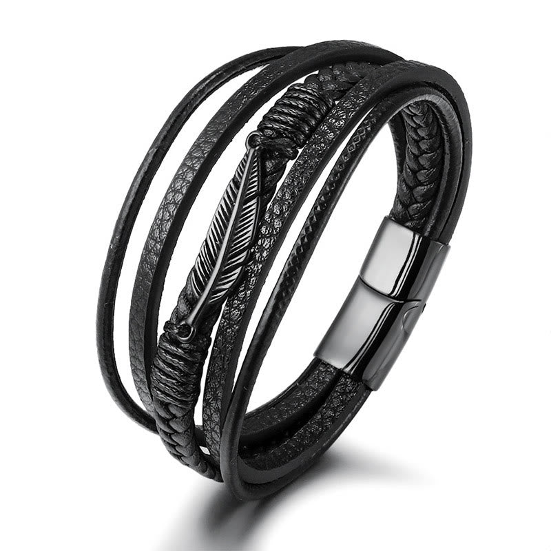 Wear FengShui Feather Pattern Multilayer Leather Titanium Steel Calm Braided Magnetic Buckle Bracelet