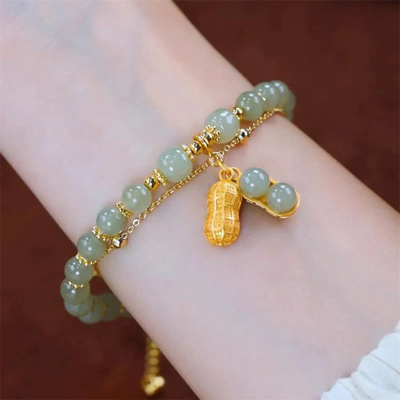 Wear FengShui Jade Leaf Ginkgo Tulip Peanut Fu Character Luck Beaded Bracelet