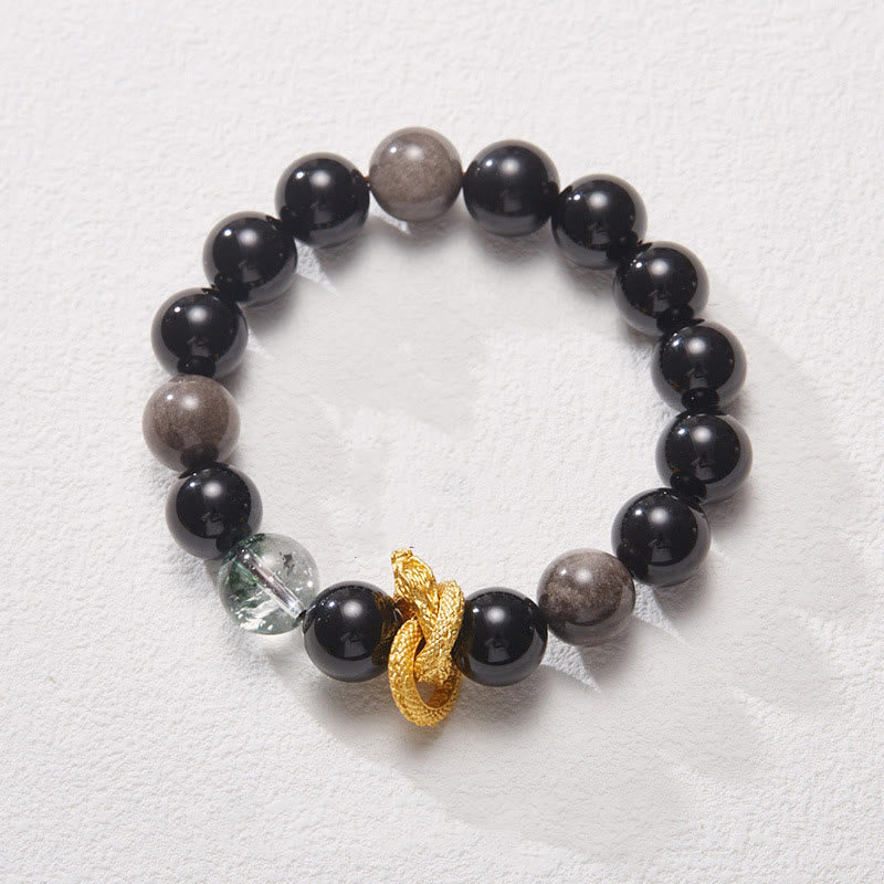 Wear FengShui Natural Silver Sheen Obsidian Dragon Green Phantom Protection Bracelet