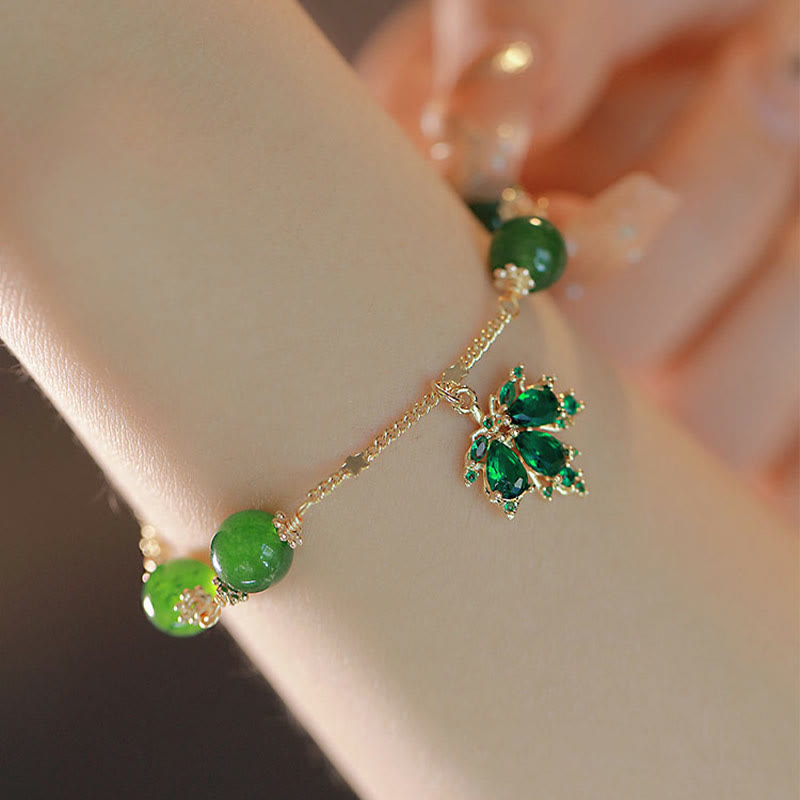Wear FengShui 14k Gold Plated Green Chalcedony Maple Leaf Courage Strength Bracelet