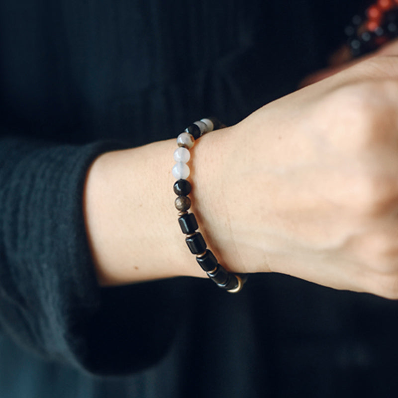 Wear FengShui Ebony Wood Red Jasper Moss Agate Crystal Copper Peace Couple Bracelet