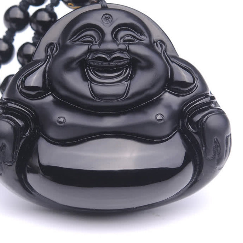 Wear FengShui Laughing Buddha Black Obsidian Transformation Pendant Necklace
