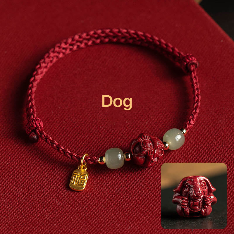 Wear FengShui Natural Cinnabar Chinese Zodiac Hetian Jade Fu Character Luck Rope Bracelet