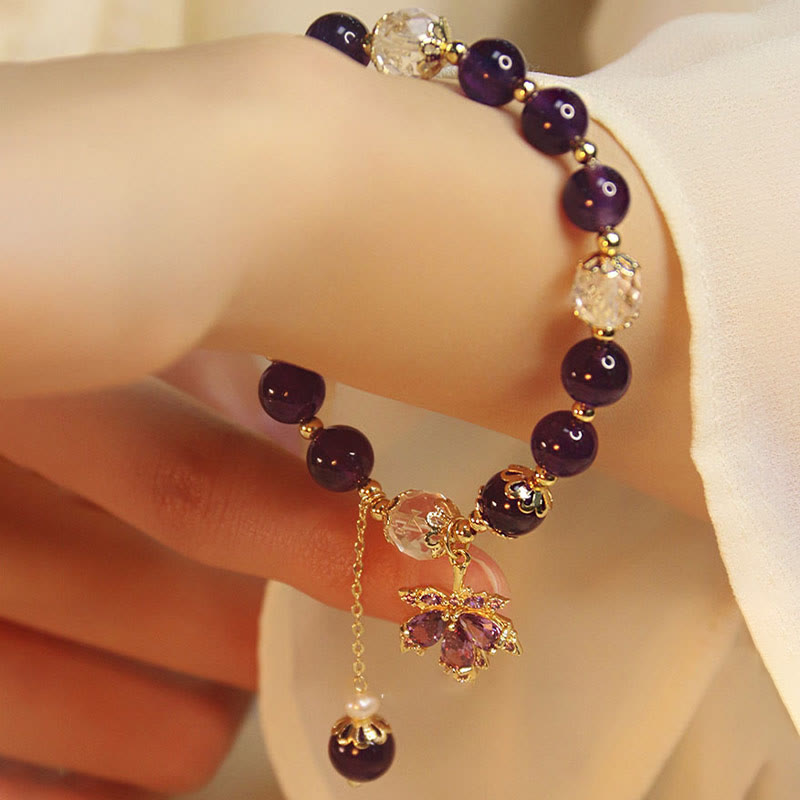 Wear FengShui 14k Gold Plated Natural Amethyst Healing Maple Leaf Charm Bracelet