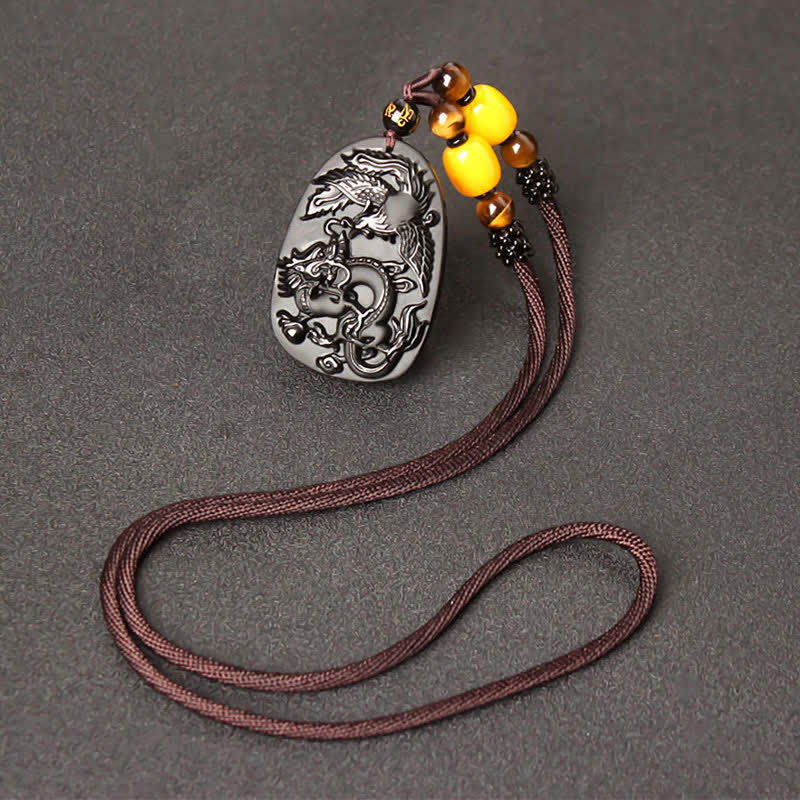 Wear FengShui Black Obsidian Tiger Eye Dragon Phoenix Protection Beaded Necklace Pendant