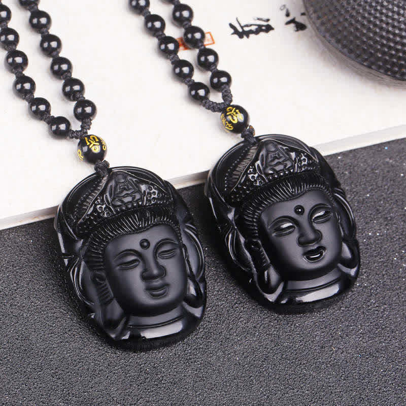 Wear FengShui Natural Black Obsidian Kwan Yin Avalokitesvara Strength String Necklace Pendant