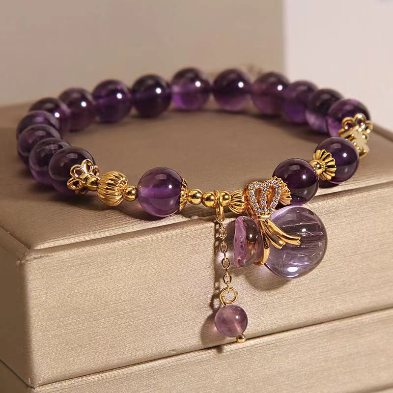 Wear FengShui Natural Amethyst Crystal Money Bag Charm Positive Bracelet