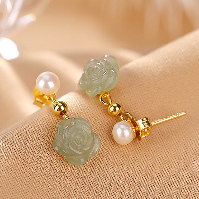 Wear FengShui 925 Sterling Silver Plated Gold Jade Rose Flower Cyan Jade Pearl Luck Earrings