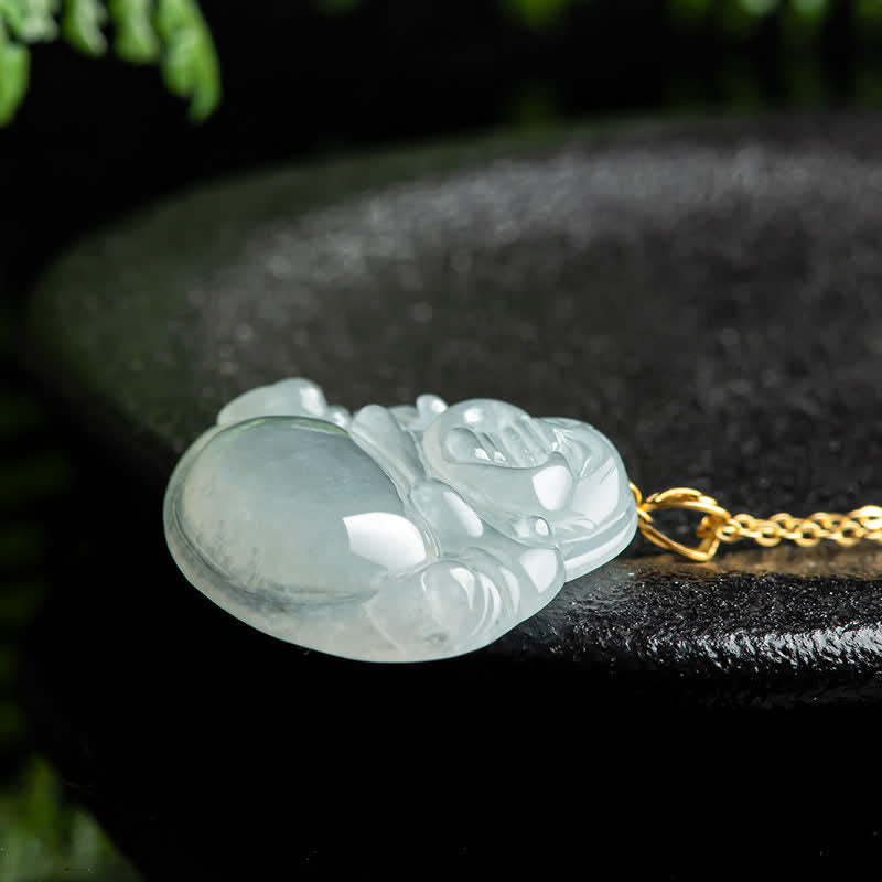 Wear FengShui Laughing Buddha Natural Jade Abundance Titanium Steel Chain Necklace Pendant