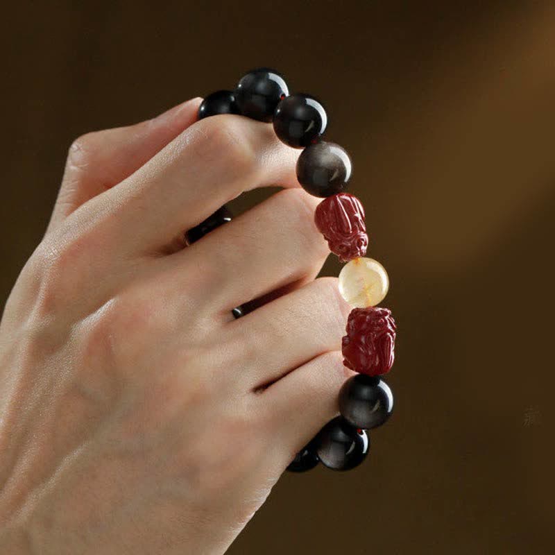 Wear FengShui Gold Sheen Obsidian PiXiu Cinnabar Om Mani Padme Hum Protection Bracelet