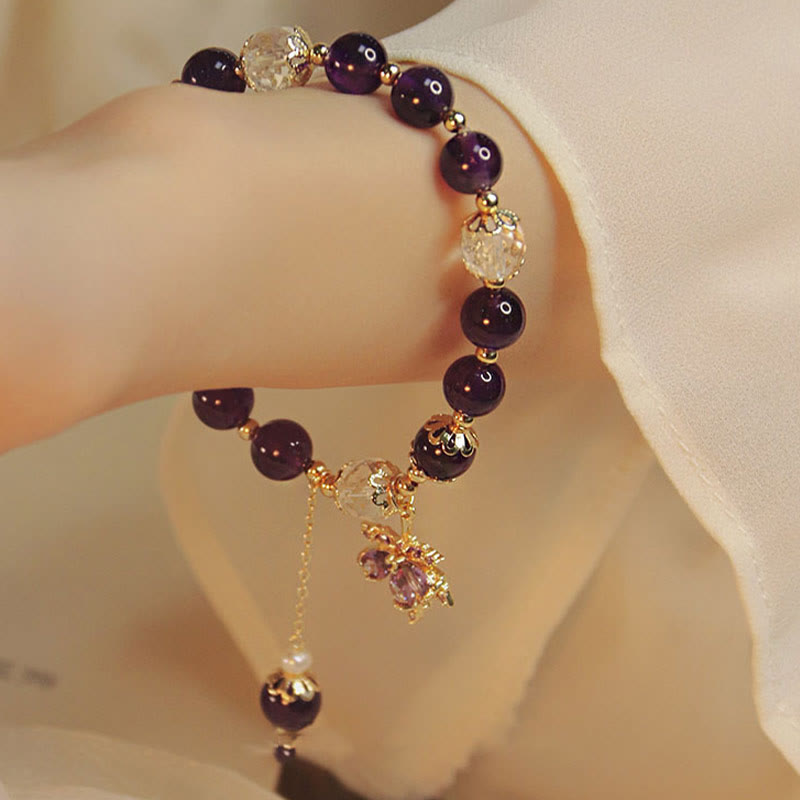 Wear FengShui 14k Gold Plated Natural Amethyst Healing Maple Leaf Charm Bracelet