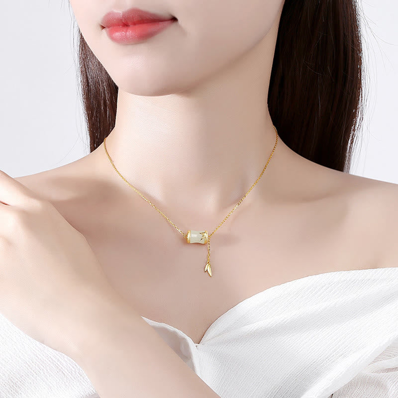 Wear FengShui 925 Sterling Silver 22K Gold Hetian White Jade Bamboo Leaf Luck Necklace Pendant Bracelet