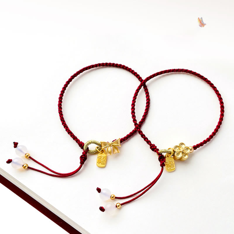 Wear FengShui Handmade Peach Blossom Rosette Bow Knot Fu Character Charm Luck Fortune Red Rope Bracelet
