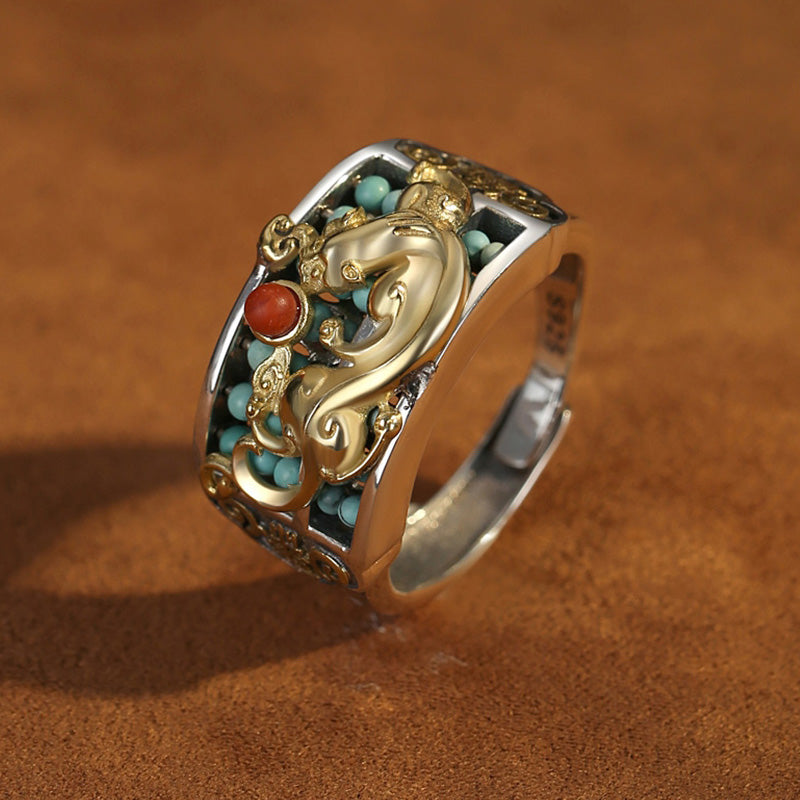 Wear FengShui 925 Sterling Silver Turquoise Red Agate PiXiu Abacus Protection Ring