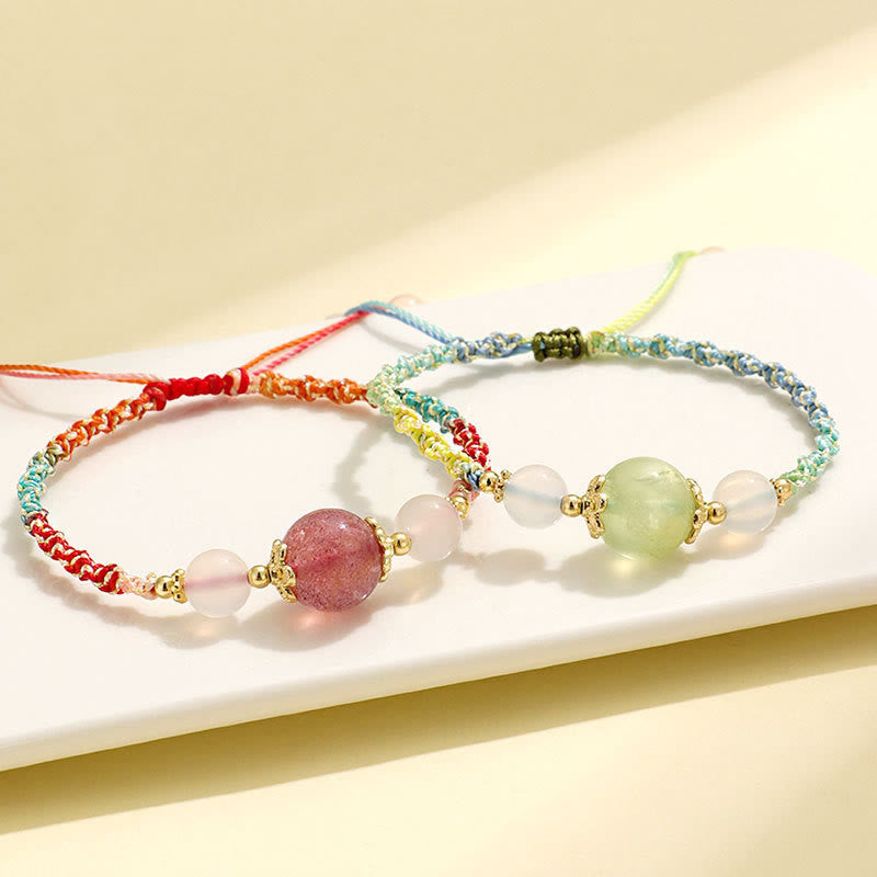 Wear FengShui Strawberry Quartz Pink Crystal Prehnite White Agate Bead Healing Rope Bracelet